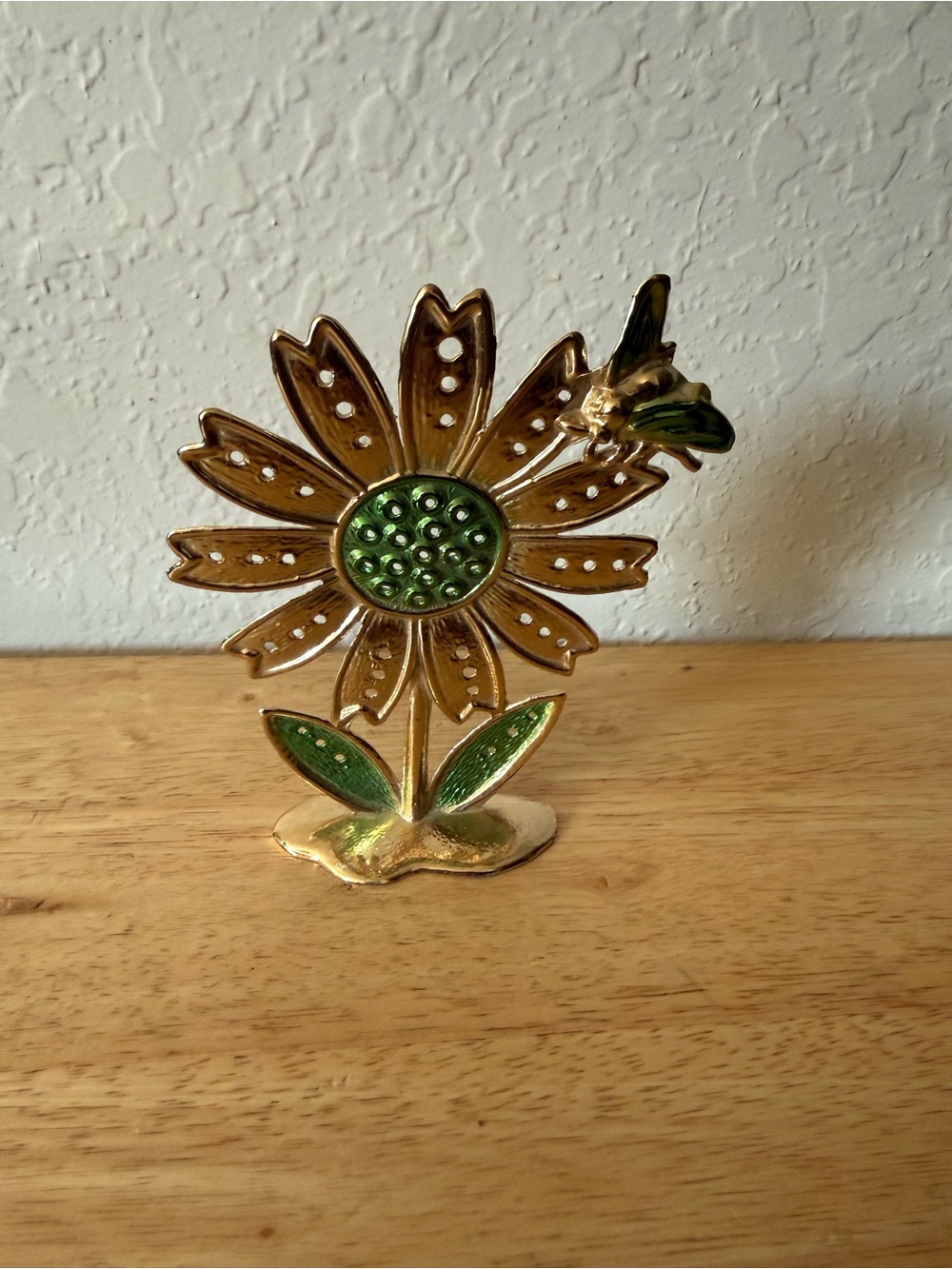 1980’s Pierced Earring Tree. Gold Flower Table Accent with Green Enamel Details